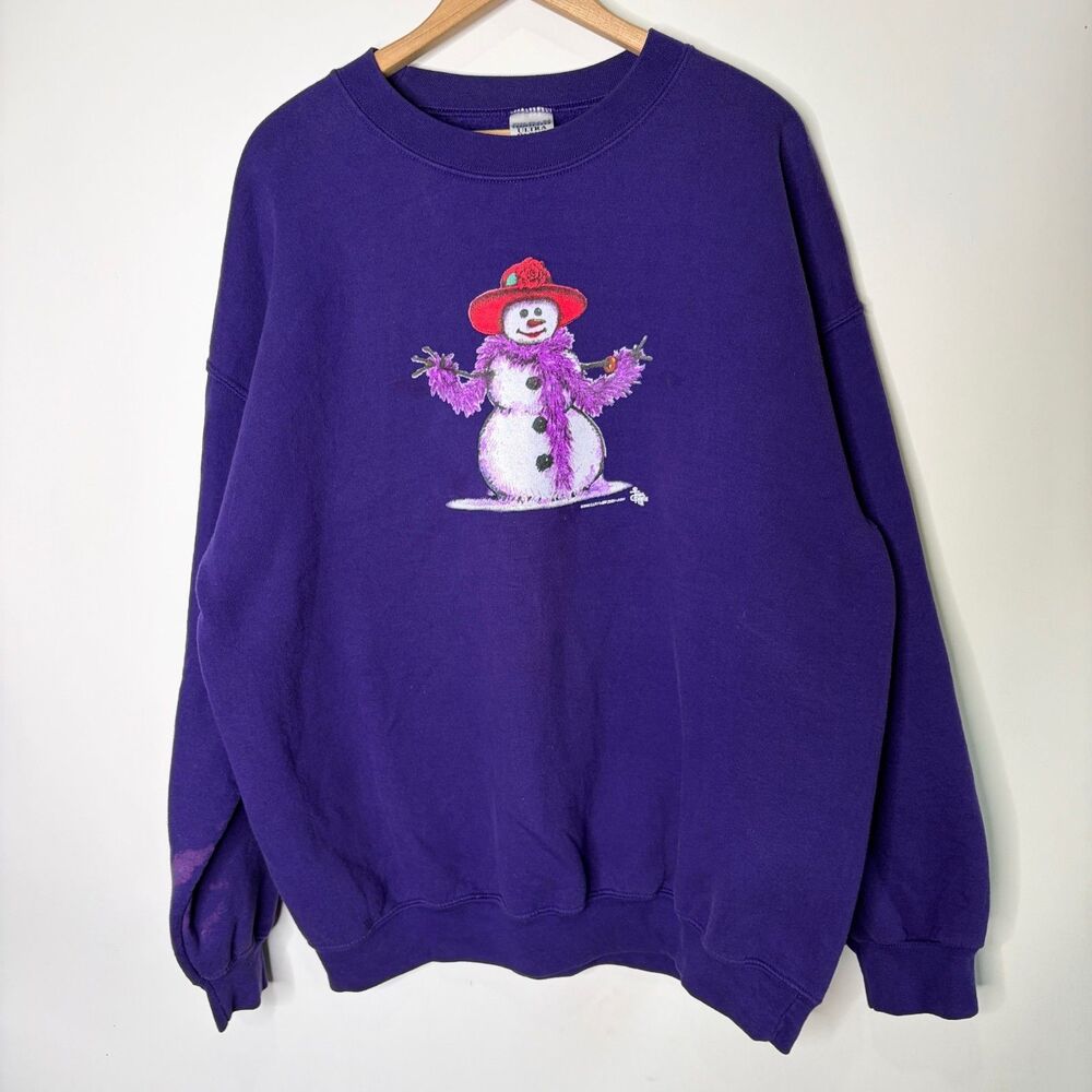 Vintage Red Hat Society Sweatshirt Crewneck Purple Snowman Winter Women XL